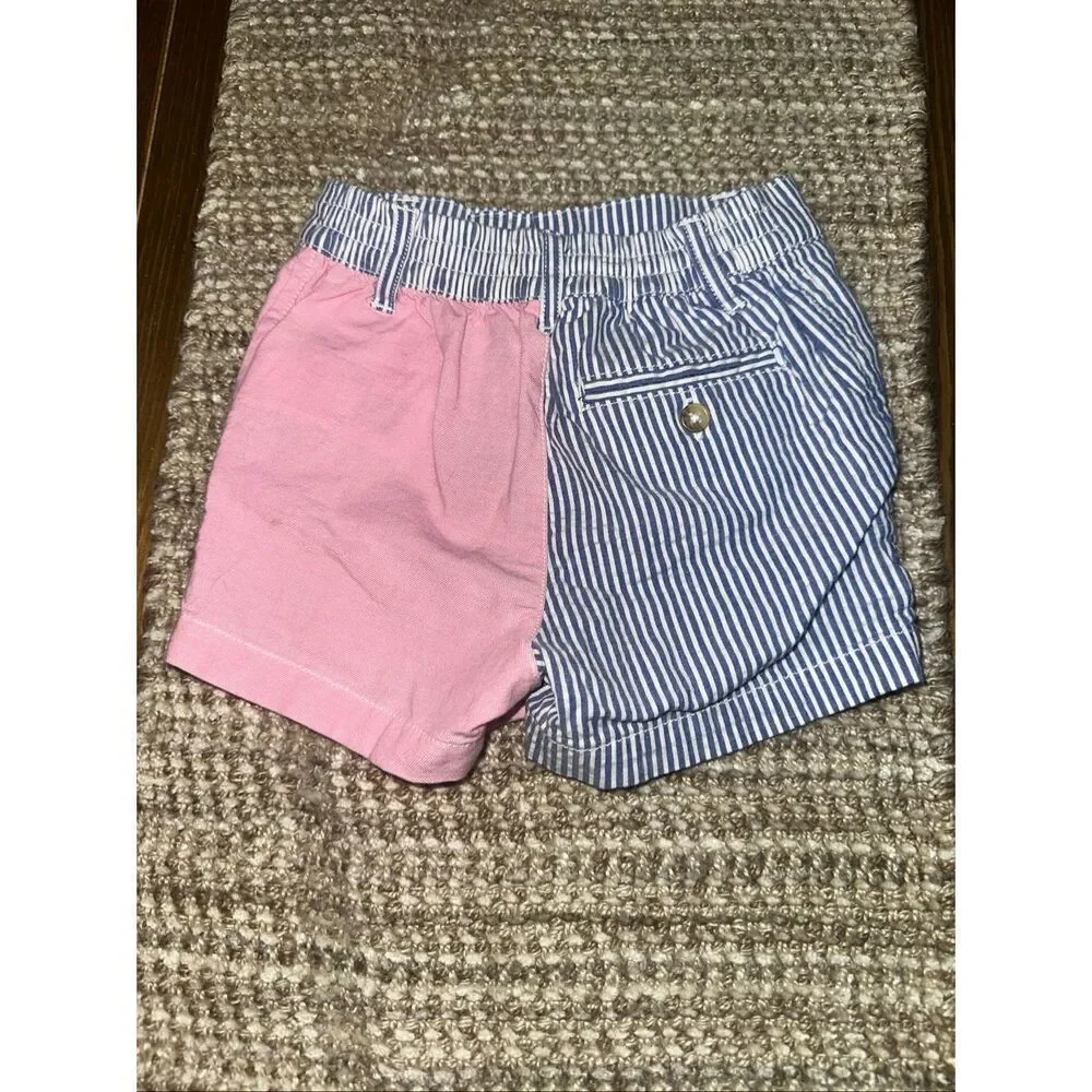 Ralph Lauren asymmetrical blue and white pin stripe and pink color block shorts